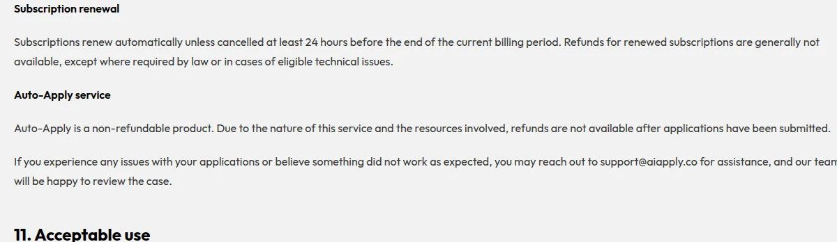 AIApply terms of service clauses stating subscriptions renew automatically unless cancelled 24 hours before the billing period ends, and that Auto-Apply is a non-refundable product