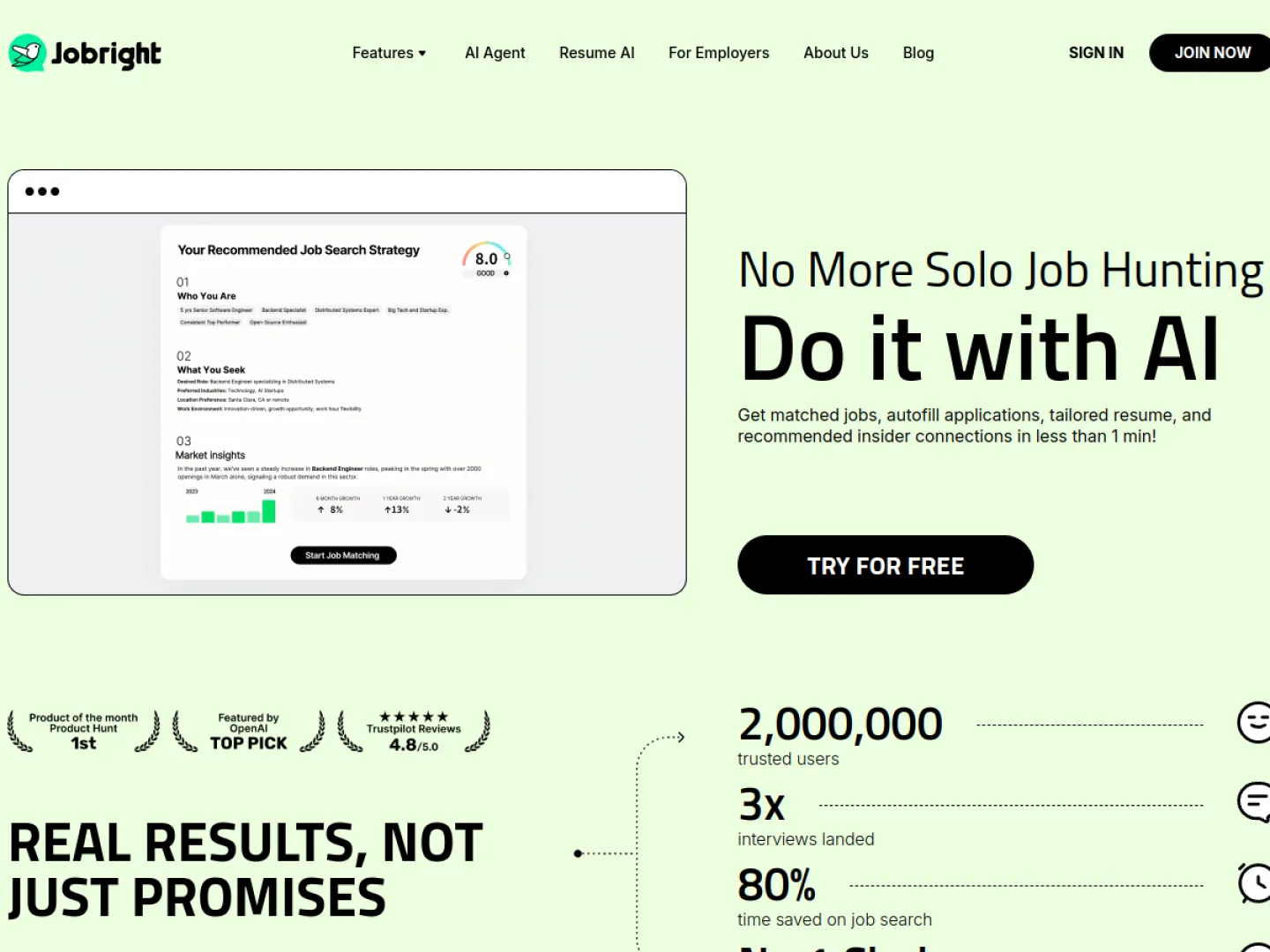Jobright homepage showing its AI job-matching pitch and headline user statistics