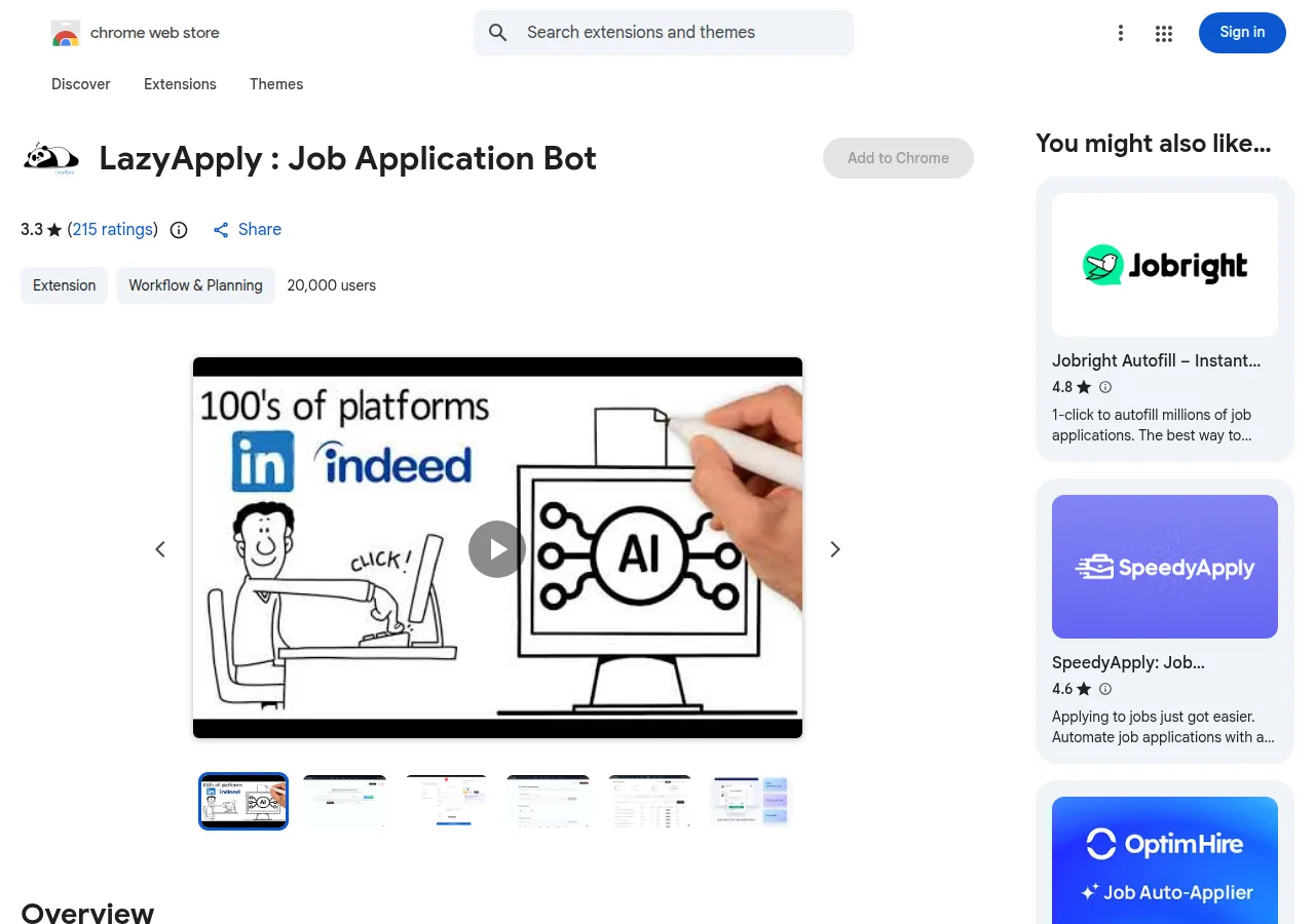 Chrome Web Store listing for LazyApply Job Application Bot showing 3.3 stars from 215 ratings and 20,000 users