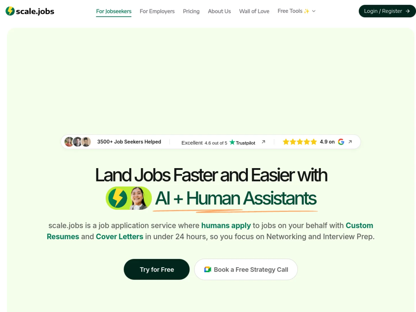 Scale.jobs homepage describing human assistants who apply to jobs on your behalf