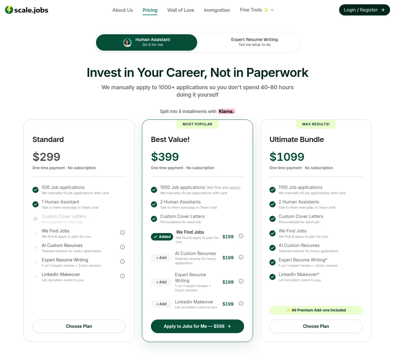 Scale.jobs pricing page showing Standard $299 for 500 applications, Best Value $399 for 1000 applications with a selected $199 We Find Jobs add-on and $598 total, and Ultimate Bundle $1099 for 1100 applications with We Find Jobs included