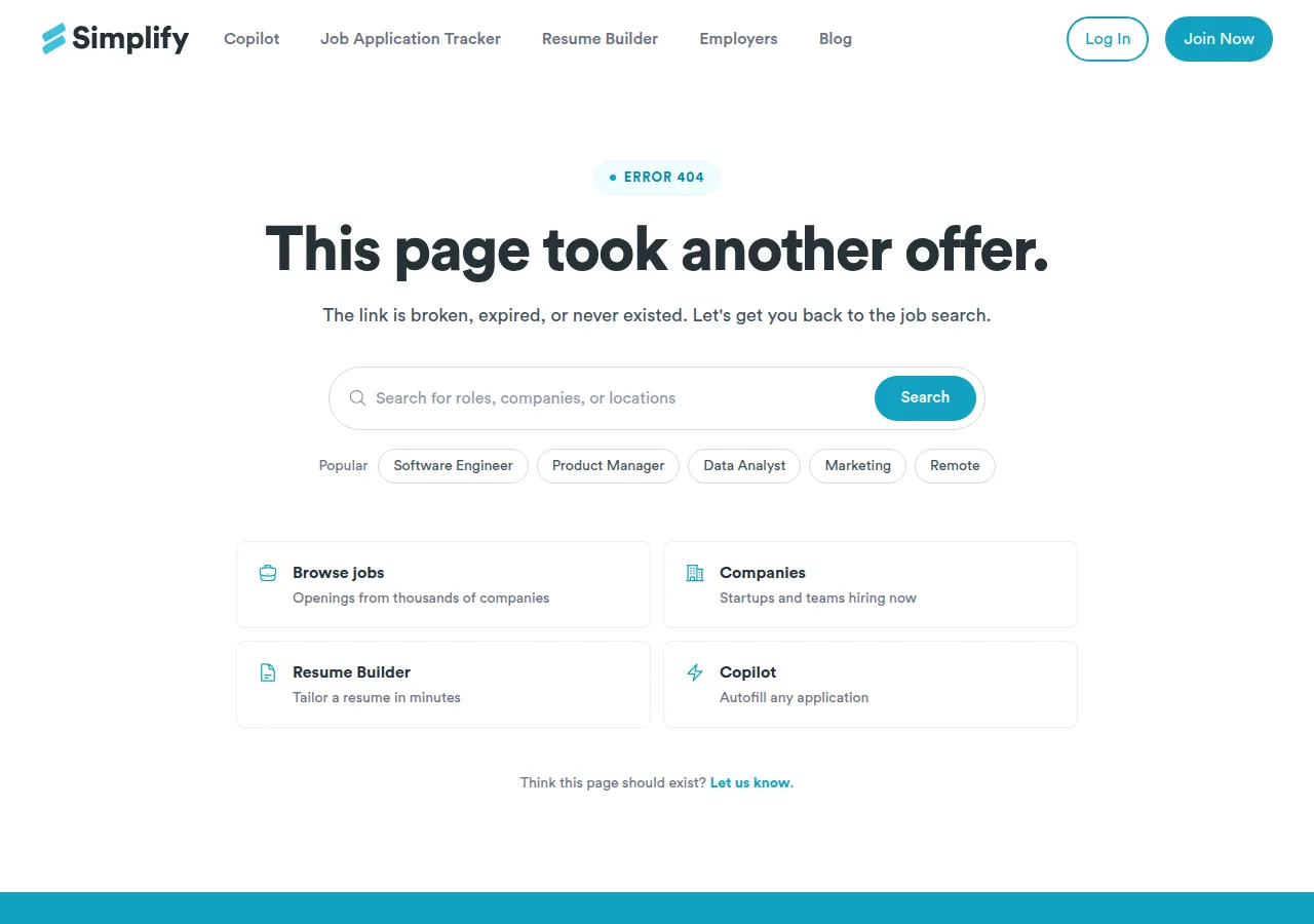 Simplify's 404 page reading 'ERROR 404. This page took another offer' at the /pricing URL