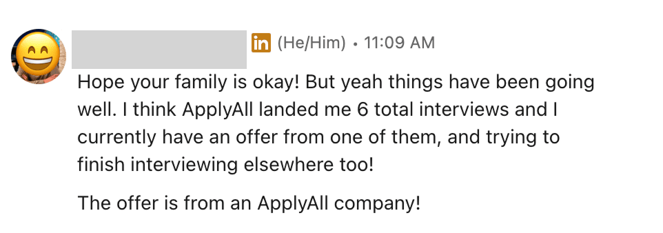 LinkedIn message saying ApplyAll landed six interviews and an offer