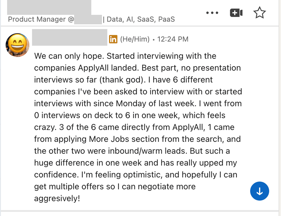 LinkedIn message saying ApplyAll landed six interviews in one week