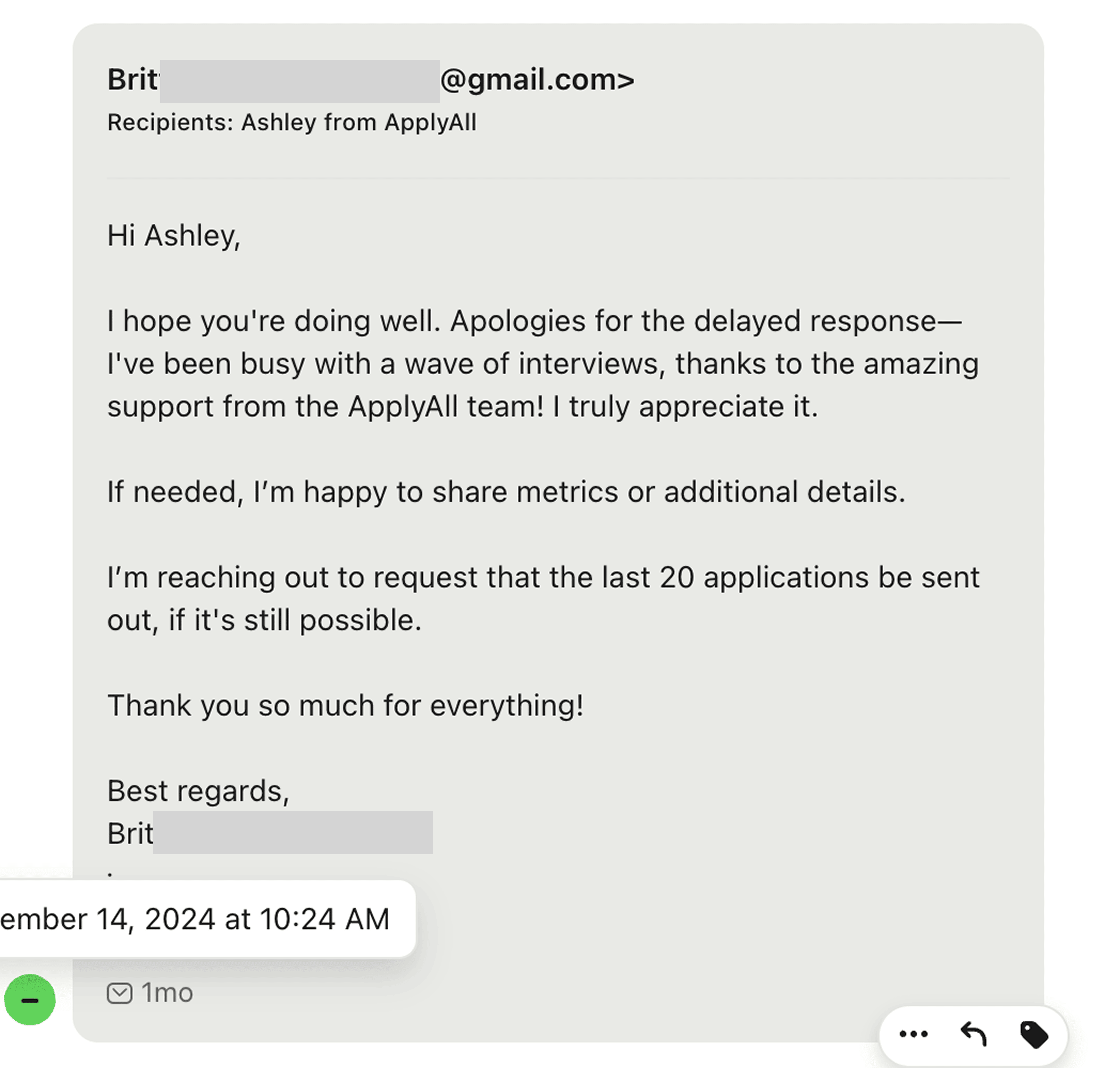 Email from Brit thanking ApplyAll for interviews