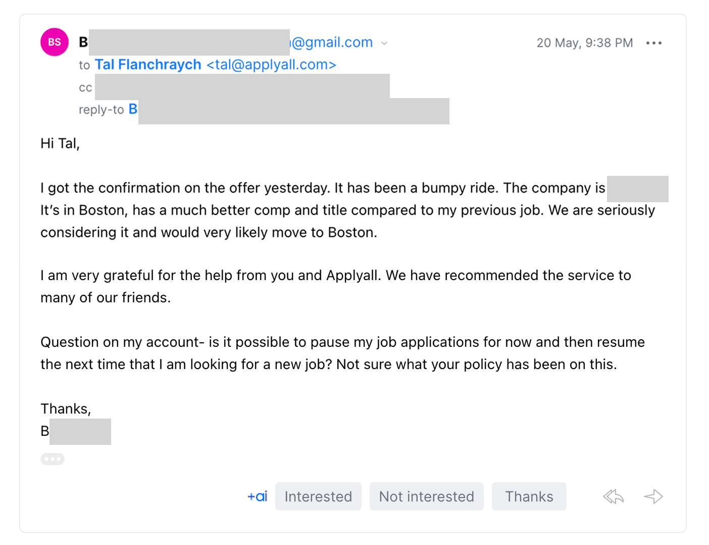 Email saying an offer came through and ApplyAll was recommended