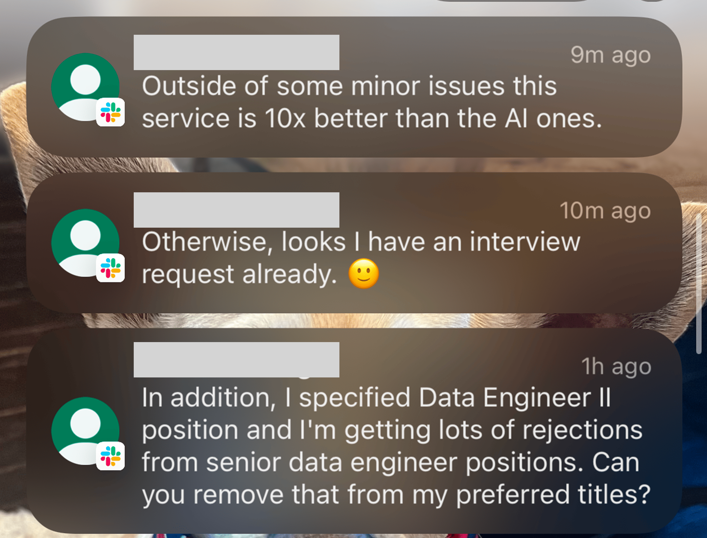 Phone notifications from a customer comparing ApplyAll to AI services