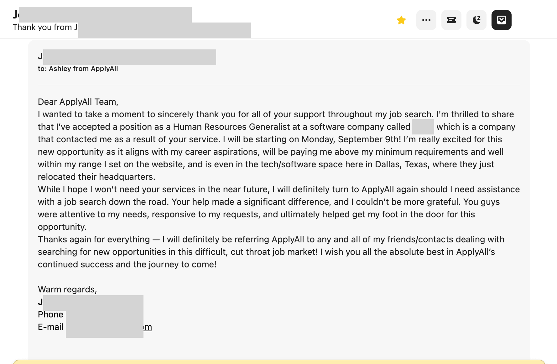 Email from Jordan thanking ApplyAll for support during a job search