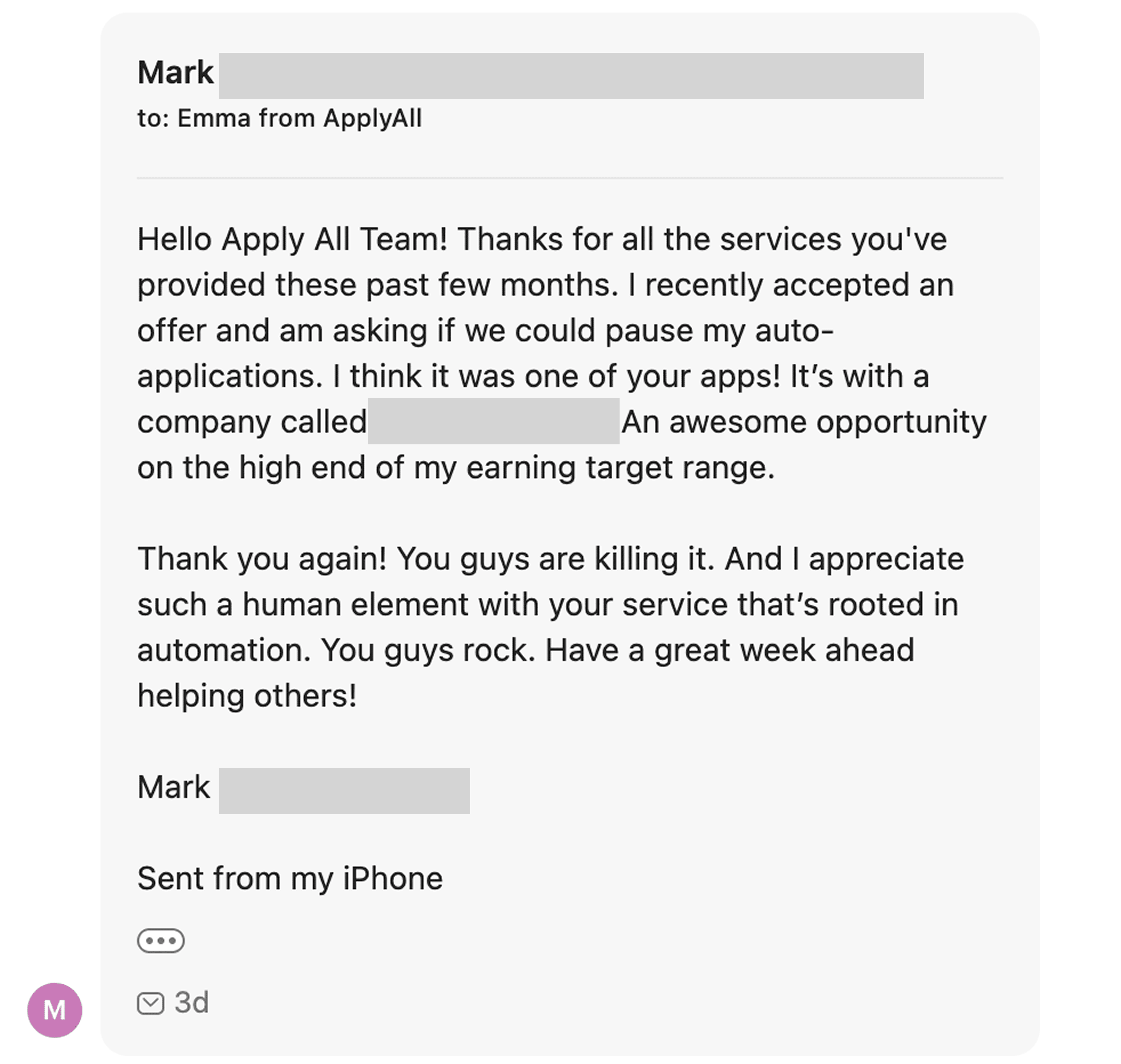 Duplicate email from Mark praising ApplyAll's human element