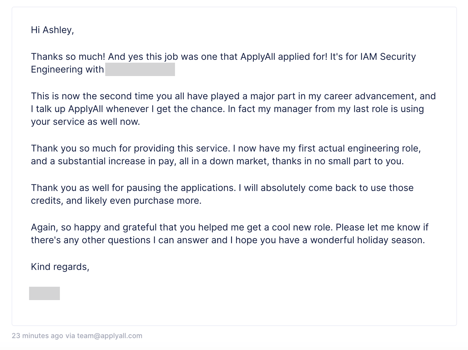Email thanking Ashley after ApplyAll helped land an engineering role