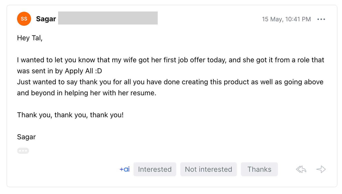Email from Sagar saying his wife got an offer from an ApplyAll role