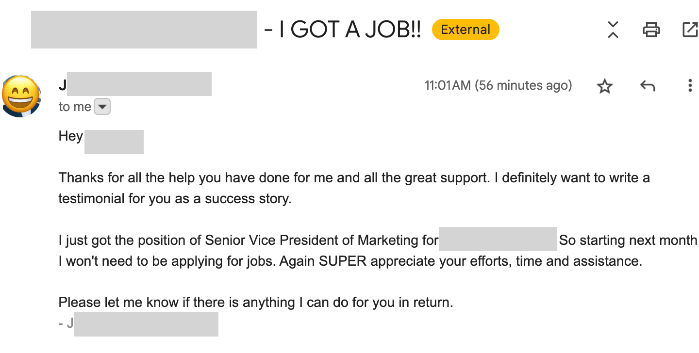 Email from a customer saying they got a job
