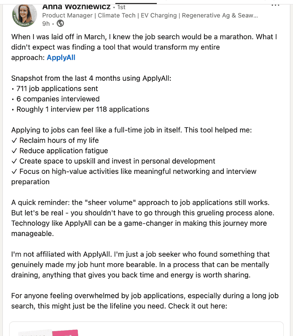 LinkedIn post from Anna Wozniewicz about ApplyAll job search results