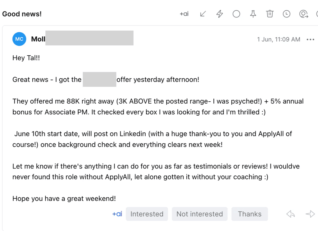 Email from Mollie sharing an offer above the posted range