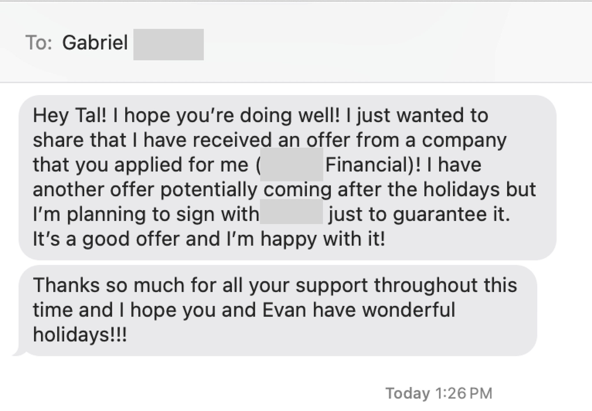 Text message from a customer sharing an offer