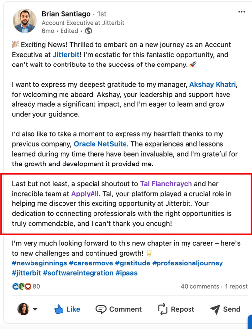 LinkedIn post from Brian Santiago thanking ApplyAll after joining Jitterbit