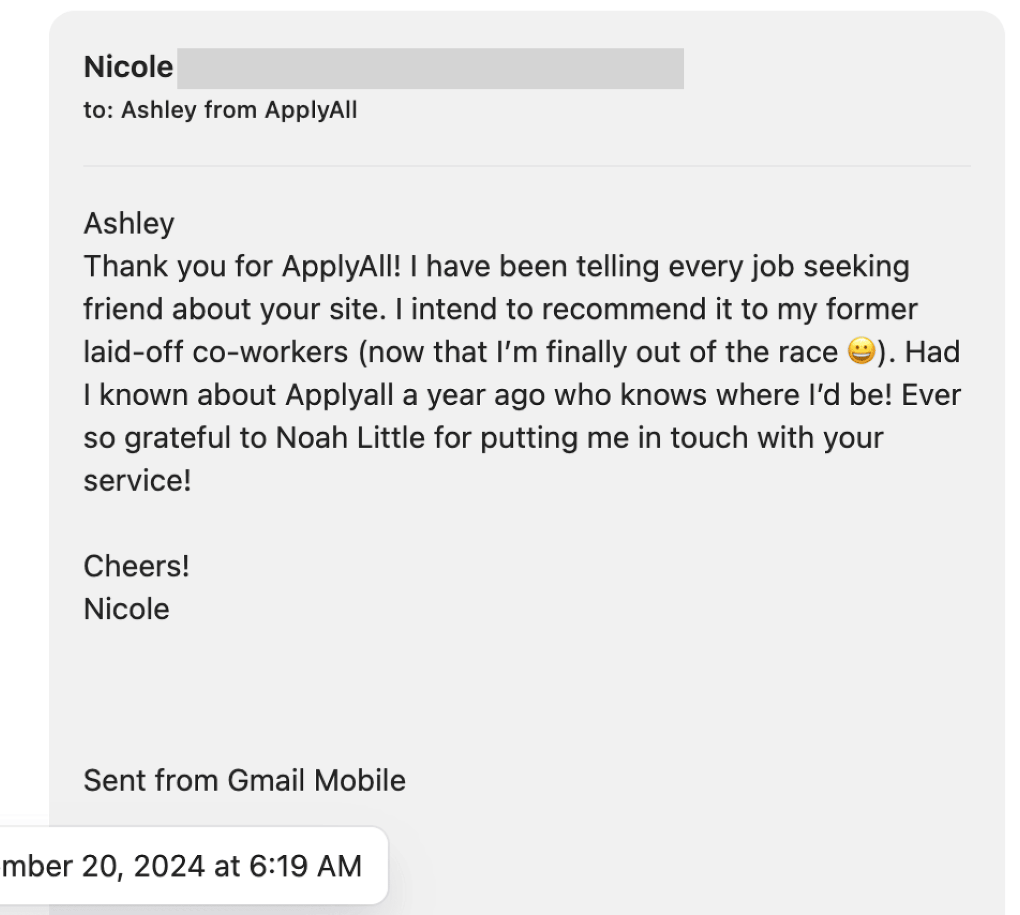 Email from Nicole recommending ApplyAll