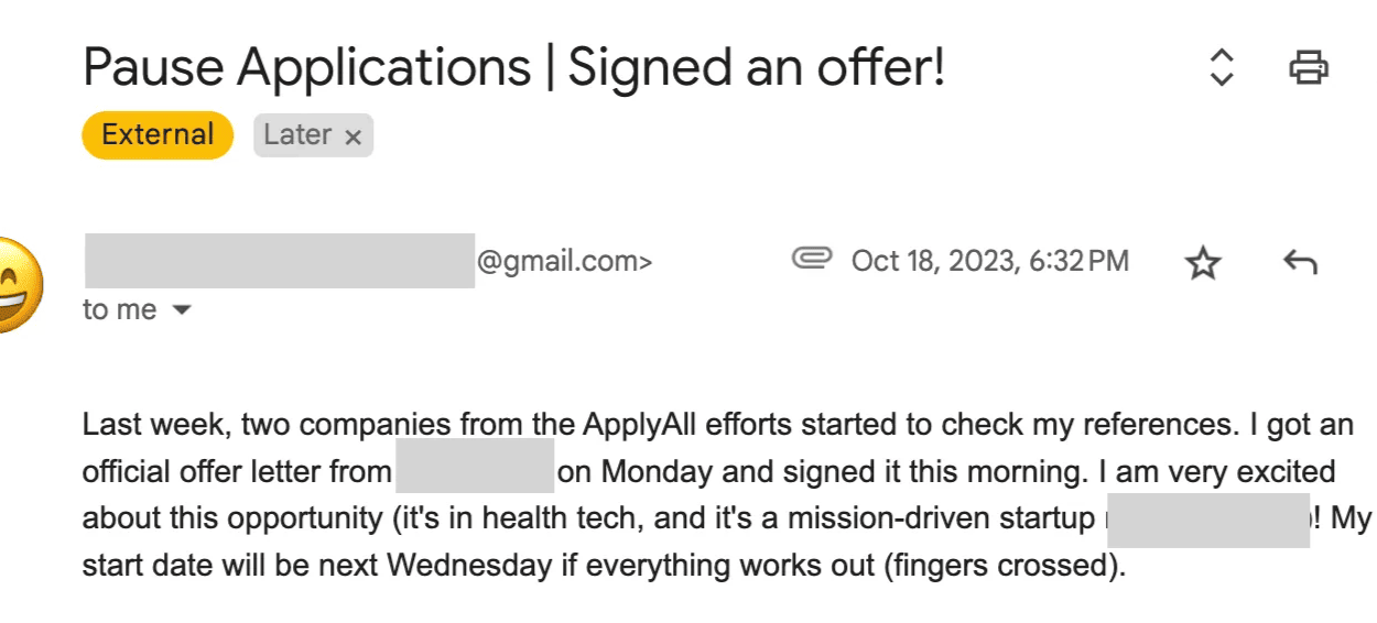 Email saying two ApplyAll companies checked references and one sent an offer
