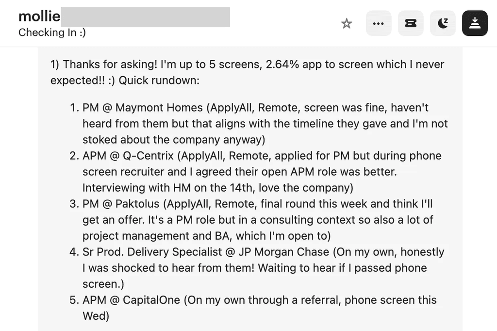 Email from Mollie listing ApplyAll interview screens