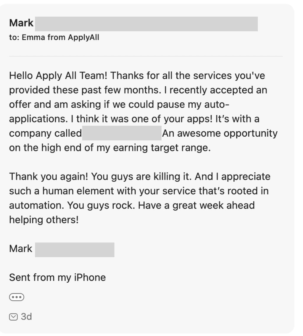 Email from Mark praising ApplyAll's human element