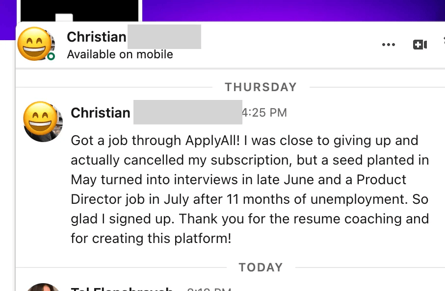 LinkedIn message from Christian saying ApplyAll led to a Product Director job