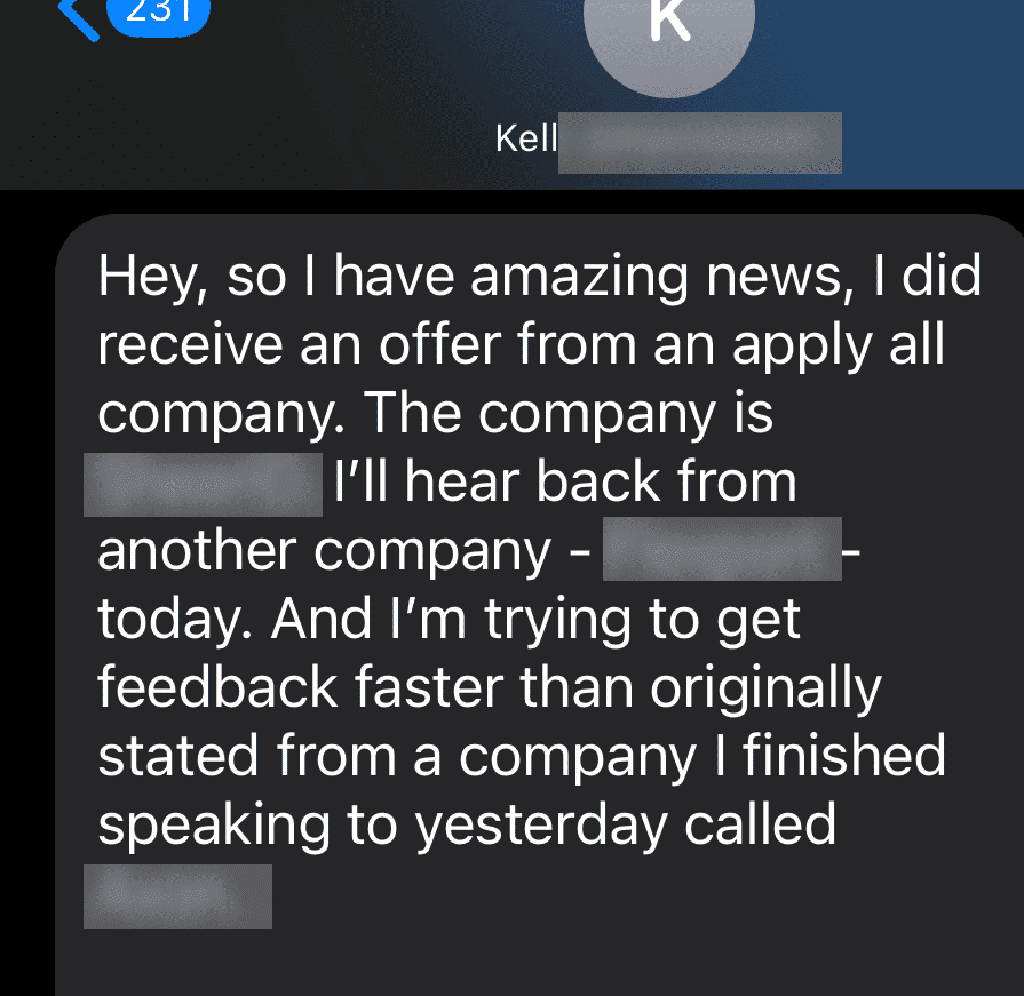 Text message from Kelli sharing an ApplyAll offer